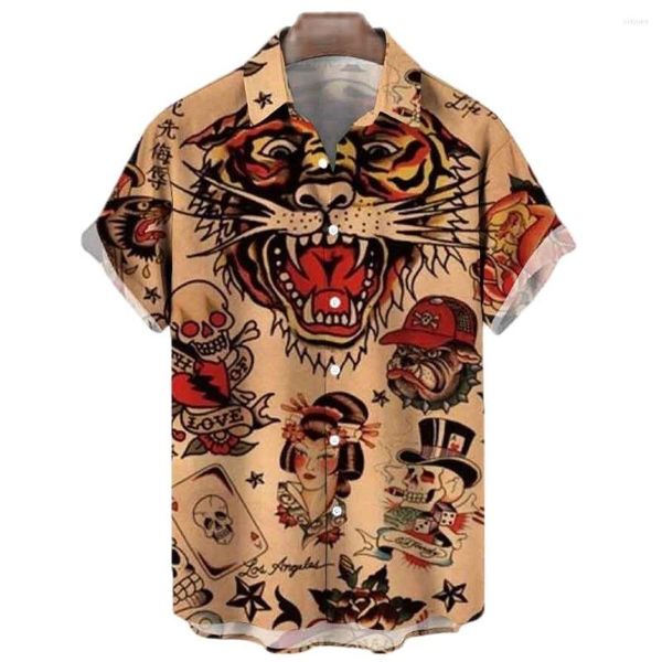 Camisas casuais masculinas verão estilo japonês estampado camisa para homens tatuagem havaiano clássico manga curta top Y2k Harajuku roupas