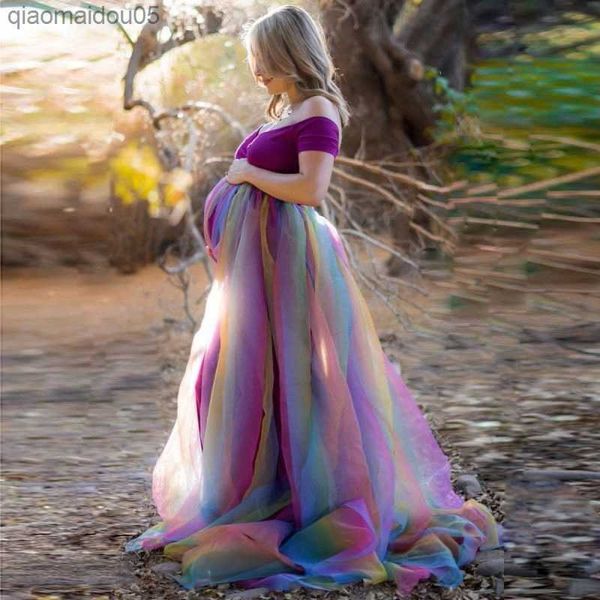 Frühling/Sommer Damen Umstandskleid Regenbogen-Mesh-Kleid Langer Rock Süßes Kleid für schwangere Frauen zum Fotografieren Gedenken L230712