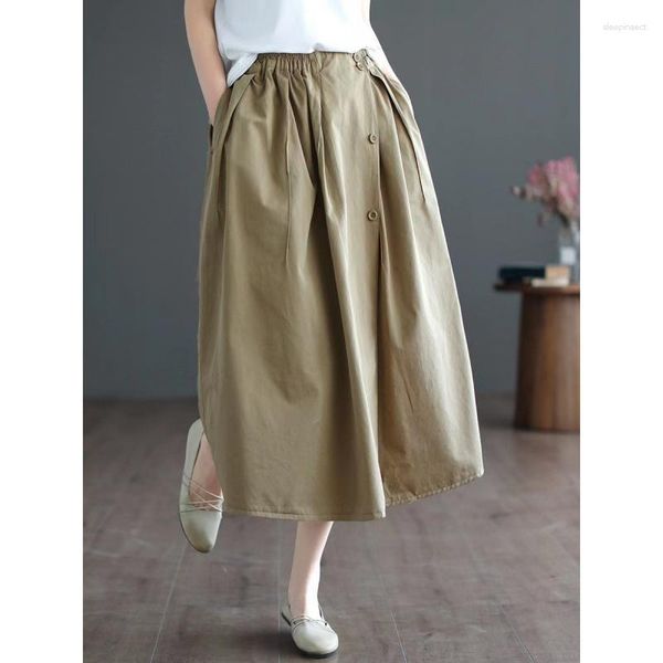 Röcke Treutoyeu Frühling Sommer Retro Lose Lässige Taste Baumwolle Khaki Für Frauen Hohe Taille Midi Länge Schwarz Polyester Rock