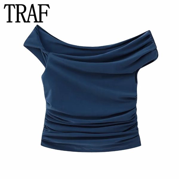 Regata feminina Camis TRAF Crop Top assimétrico Feminino franzido no ombro Sem mangas Sexy Tops Mulher Moda Streetwear Verão 230713