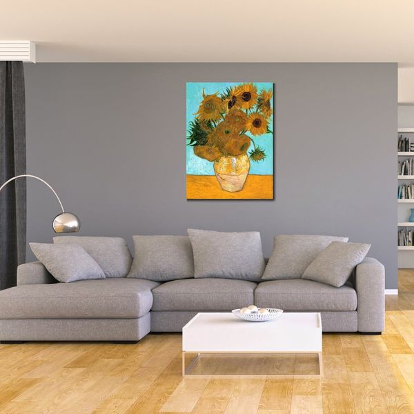 Vaso impressionista de arte em tela morta com doze girassóis 1 pintura a óleo de Vincent Van Gogh feita à mão decoração moderna do quarto