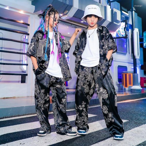 Bühnenkleidung Jungen Schwarz Hip Hop Tanzkleidung Mädchen Hemd Hosen Sommer Kurzärmeliger Anzug Kinder Modernes Performance-Kostüm Rave-Outfits