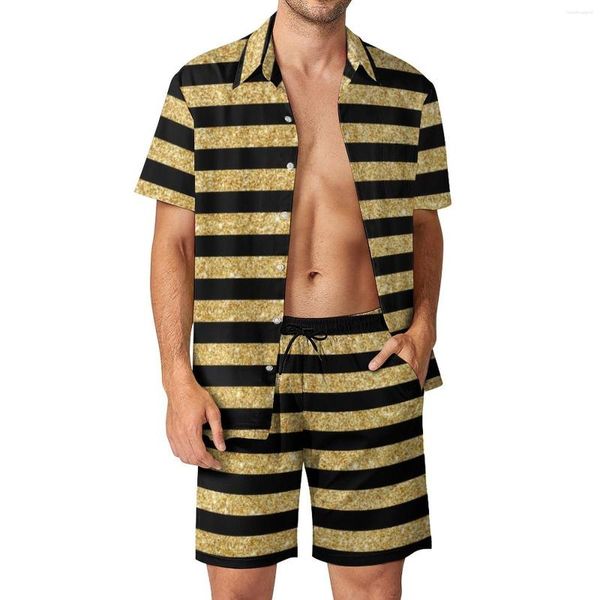 Tute da uomo Strisce nere Completi da uomo Eleganti pantaloncini casual glitter oro Set camicia da vacanza Completo personalizzato divertente Maniche corte oversize