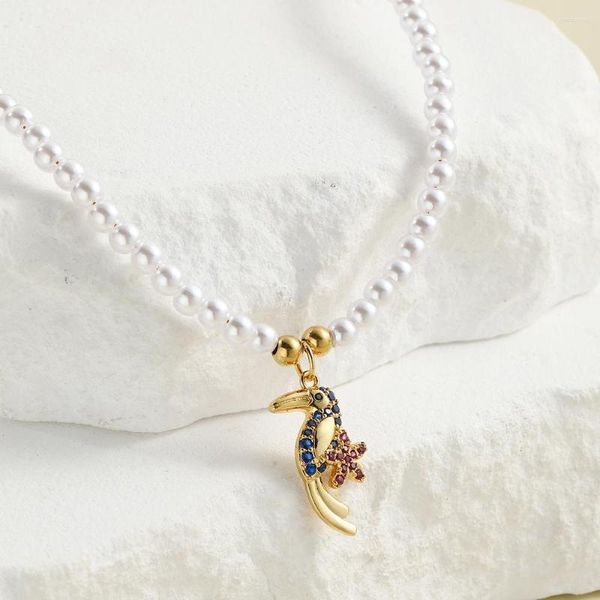 Anhänger Halsketten Specht Gold Farbe Kupfer Pave Zirkon Imitation Perlen Halskette Hervorragende Qualität Stilvolle Produkte
