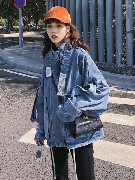 Jaquetas femininas coreanas outono moda feminina casaco jeans solto manga longa zíper harajuku streetwear bolso azul modis jaqueta jeans 2023