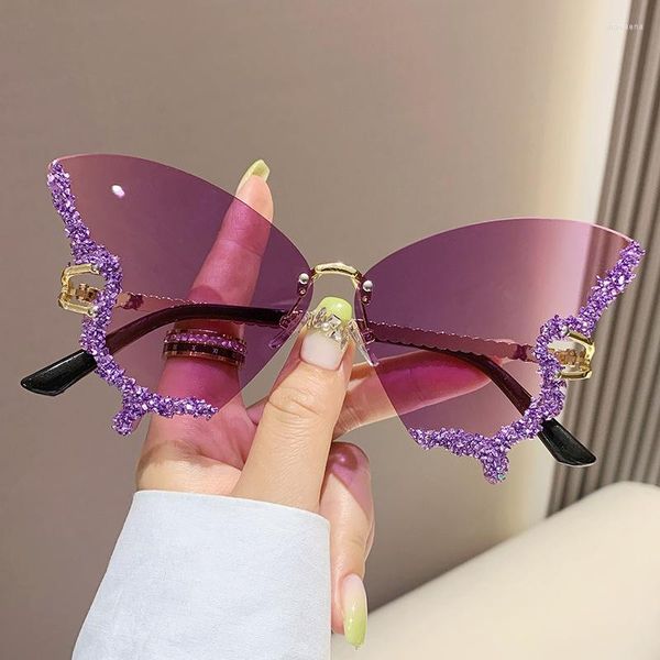Óculos de sol 2023 armação grande lente estilo borboleta com diamante strass sem aro moda óculos de sol para mulheres meninas