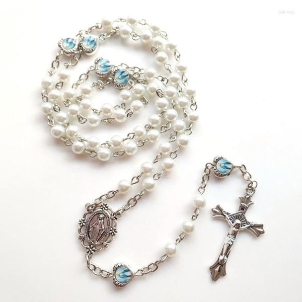 Anhänger Halsketten Weißer Rosenkranz Katholische Halskette Kristall Rosa-Perle Lange Kette Dame Jesus Schmuck Geschenk