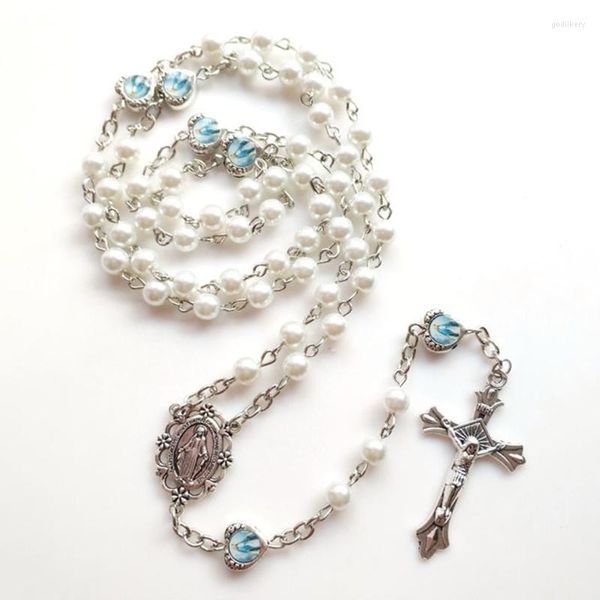 Hanger Kettingen Witte Rozenkrans Katholieke Ketting Crystal Pink-Pearl Lange Ketting Lady Jesus Sieraden Gift