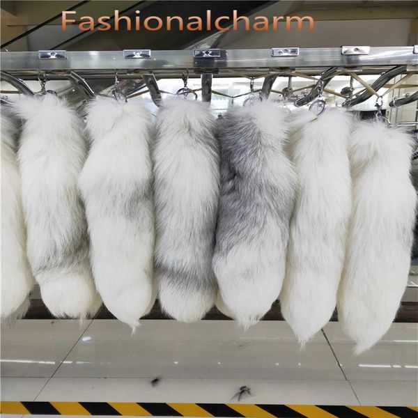 40cm 16 -Long 100% Real Genuine Fox Fur Tail Keychians Pelúcia Pom Poms Cosplay Toy Chaveiros Car KeyChain Bag Charm Tasse260l