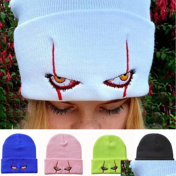 Gorro/Bonés de Caveira Gorros de Olhos de Palhaço Assustadores Gorros de Inverno para Mulheres Homens Adolescentes Hip Hop Horror Moda Malha Bonés de Cor Sólida Gorro Dh6Km