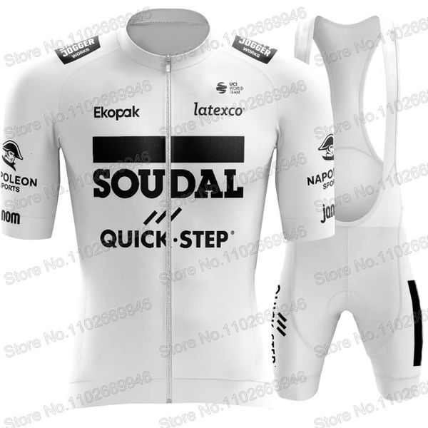 Set di maglie da ciclismo Bianco Soudal Quick Step Team Set Manica corta TDF Abbigliamento Uomo Camicie da bici Tuta Pantaloncini con bretelle da bicicletta MTBRopa 230712