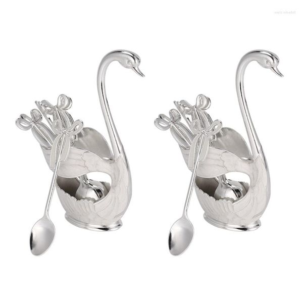 Set di stoviglie Set in lega di zinco Torta di frutta Forchetta Caffè Cucchiaio da tè Porta cigno Posate 2Xswan 12Xcucchiai Argento Vendita al dettaglio