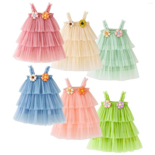 Vestidos para meninas Vestido de verão para meninas Tule em camadas Festa de aniversário sem manga 3D Daisys Floral Tutu Teen Férias Roupa casual