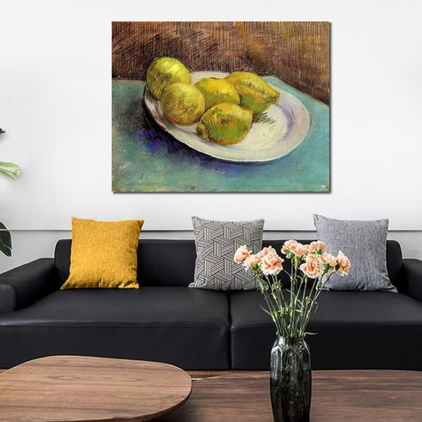 Handgefertigte Leinwandkunst, Gemälde von Vincent Van Gogh, Stillleben mit Zitronen auf einem Teller, 1887, Dorflandschaft, Kunstwerk, Badezimmer-Dekoration