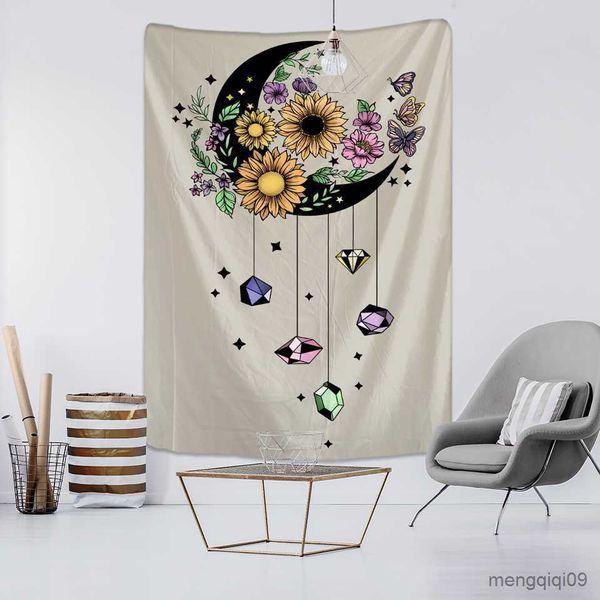 Arazzi Moon Flower Tarot Tapestry Wall Hanging Mount Bohemian Hippie Tapiz Witchcraft Psychedelic Bedroom Home Decor R230713