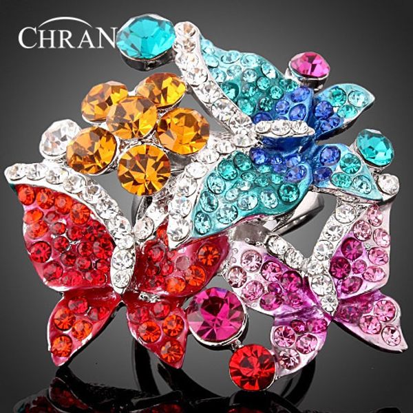 Alianças de Casamento CHRAN Estilo Vintage Borboleta Colorida Prometida Alianças de Casamento para Mulheres Adoráveis Anéis de Noivado de Cristal Banhado a Ródio Jóias 230713