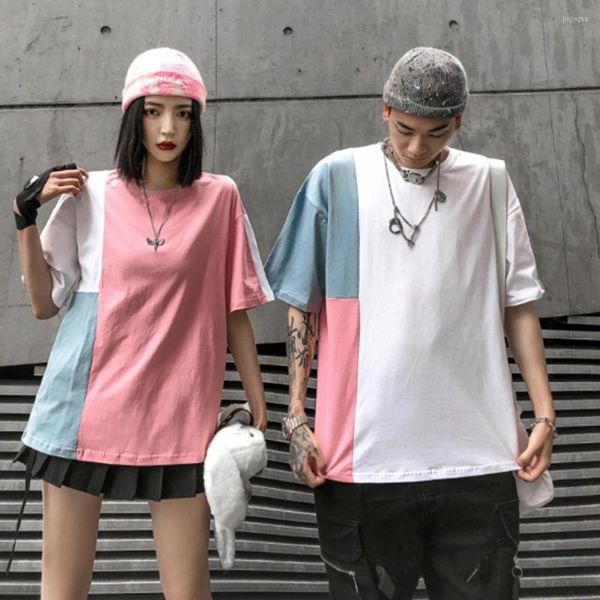 Camisetas Femininas Moda Coreana T-shirt Masculino/Feminino Harajuku Patchwork Tshirt Streetwear Camisa Feminina Algodão Decote em O Top de Verão Casal Casual