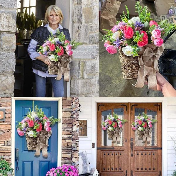 Flores decorativas coloridas peônia cesta de flores dia das mães guirlanda roxo lavanda rosa artificial porta pendurada decoração de casa primavera e