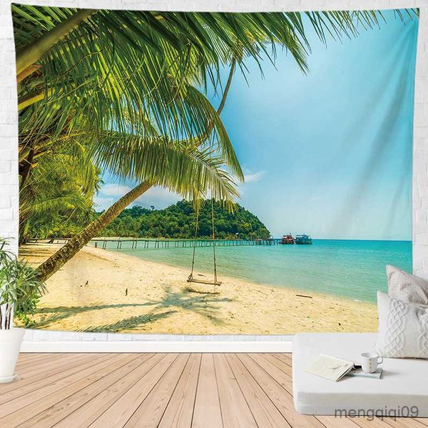 Tapeçarias Oceano Paisagem Tapeçaria Mar Praia Palmeira Sala de Estar Quarto Fundo Pendurado na Parede Cortina Toalha de Mesa Decoração de Casa Ao Ar Livre R230713