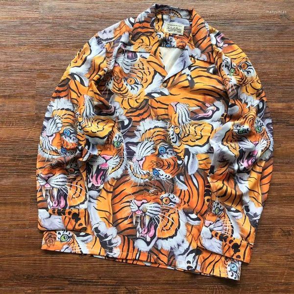 Männer Casual Hemden WACKO MARIA Tiger Muster Logo Männer Frauen Langarm Hawaiian Tasten Streetwear Kleidung