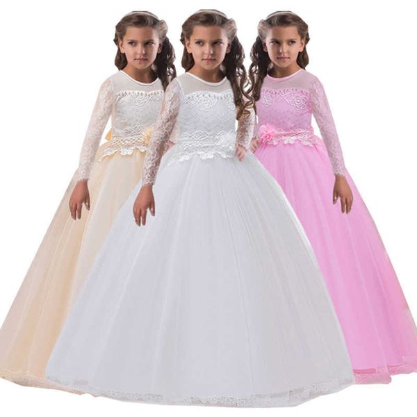 Mädchenkleider Hochzeitskleid für Mädchen Elegante weiße Brautjungfer Spitze Blume Langarm Tutu Abendkleider Schleife Mädchen Partykleider 8 12 JahreHKD230712