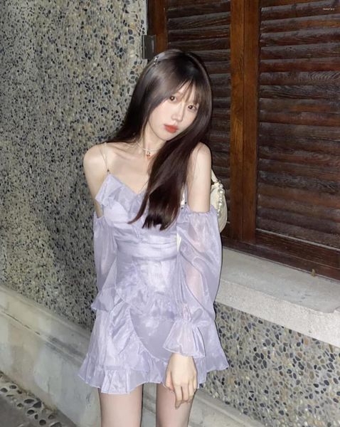 Vestidos Casuais Roxo Pérolas Alça Mini Vestido Feminino Coreia Francês Elegante Manga Longa Vintage Verão Festa Noturna Y2K Magro