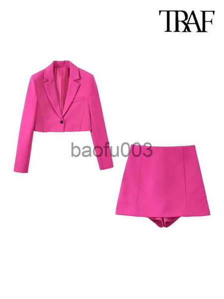 Calça Feminina de Duas Peças TRAF Moda Feminina Botão Frontal Cropped Blazer Casaco E Cintura Alta Lateral Zíper Shorts Saias Feminino Conjuntos de Duas Peças Mujer J230713