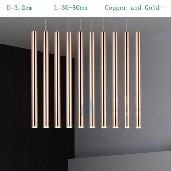 Candeeiros pendentes D3.2cm L 30-80cm 3w Tubo de cobre dourado Moderna Iluminação pendente Mesa interior Luminárias suspensas Lamparas Candeeiro de corda