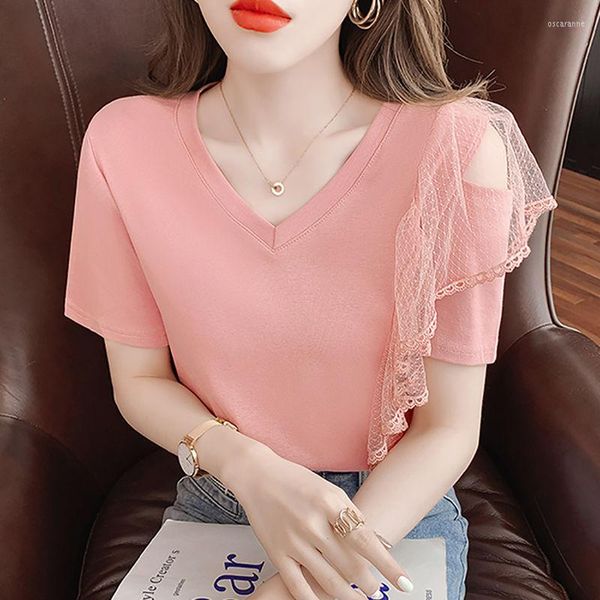 Camisetas femininas femininas verão estilo coreano camisetas femininas casuais manga curta decote em v ombro a ombro patchwork tops de renda mulher q157