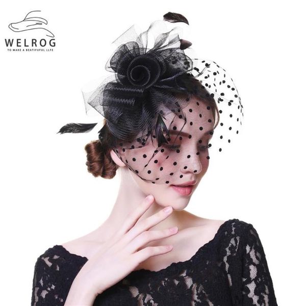 Geizige Krempe Hüte WELROG Frauen Fancy Feather Party Hochzeit Kopfbedeckung Fascinator Veil Dot Print Garn Stirnband mit Clips322j