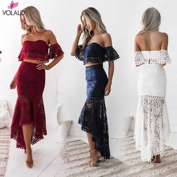 Abiti da festa VOLALO Fashion Sexy Women Summer Solid Lace Maxi Dress Senza spalline Off spalla damigelle d'onore