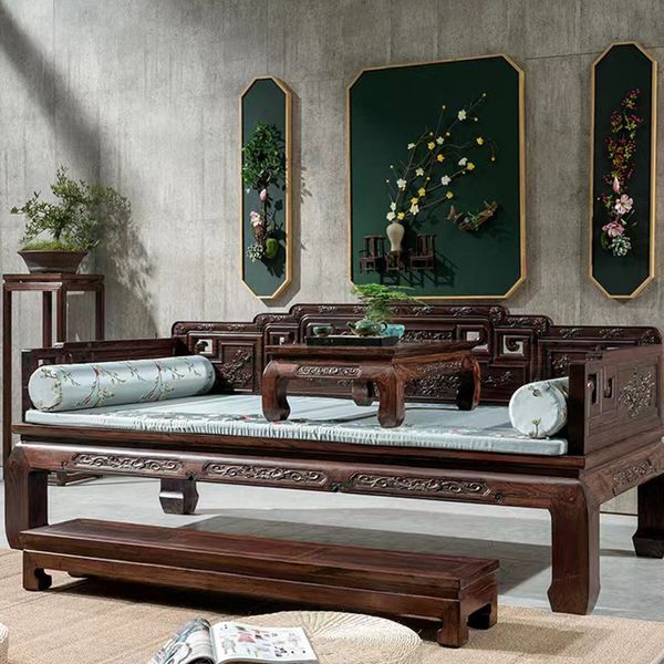 Neues dreiteiliges chinesisches Zapfen- und Zapfen-Massivholz-Set aus königlichem Bett, Arhat-Bett und kleinem Sofa