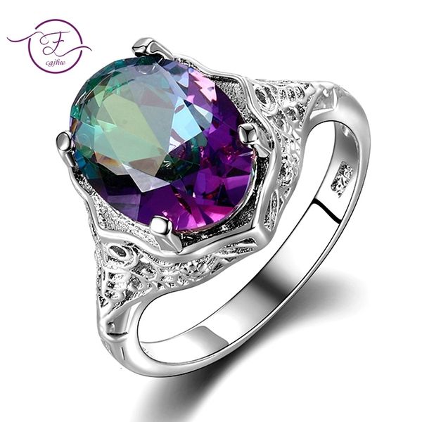 Alianças de casamento genuíno arco-íris fogo místico anel de topázio prata esterlina 925 joias finas presente para mulheres senhoras meninas atacado 230712