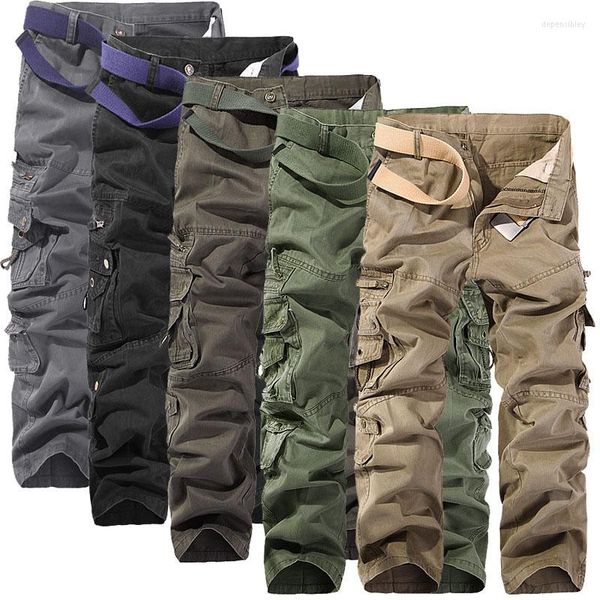 Calça Masculina Cargo Verde Exército Bolsos Grandes Decoração Masculina Casual Lavagem Fácil Calças Algodão Outono