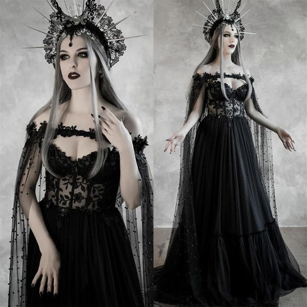 Vestido de noiva preto gótico de conto de fadas escuro com espartilho corpete fantasia linha A vestidos de noiva vampiro medieval casamento de Halloween 241h