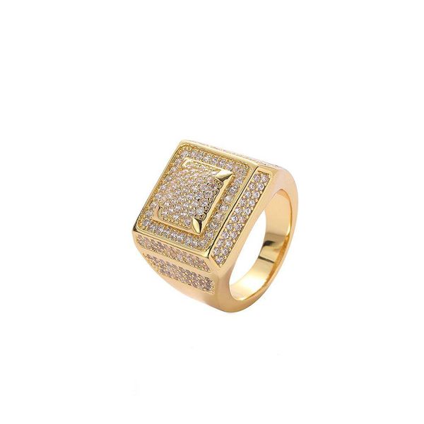Cluster Rings Hip Hop Square Casting Shining 18K Real Gold Plated Cubic Zircon Diamond Finger Ring Jewelry Drop Delivery Dh5C6