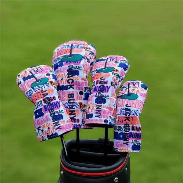 Snapbacks Graffiti Star Smiley Lettering Golf Club Headcovers для водителя Fairway Woods Hybrid Head Covers Tebrics 4pcs Set Protector Cover 230712