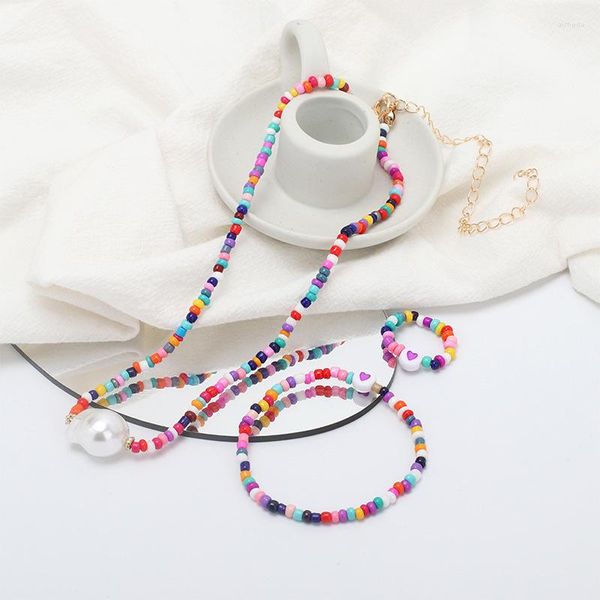 Collana Orecchini Set Ins Etnici Fatti A Mano Perline Braccialetto Anello Gioielli Moda Girocollo Perla Perline Regalo Boemo