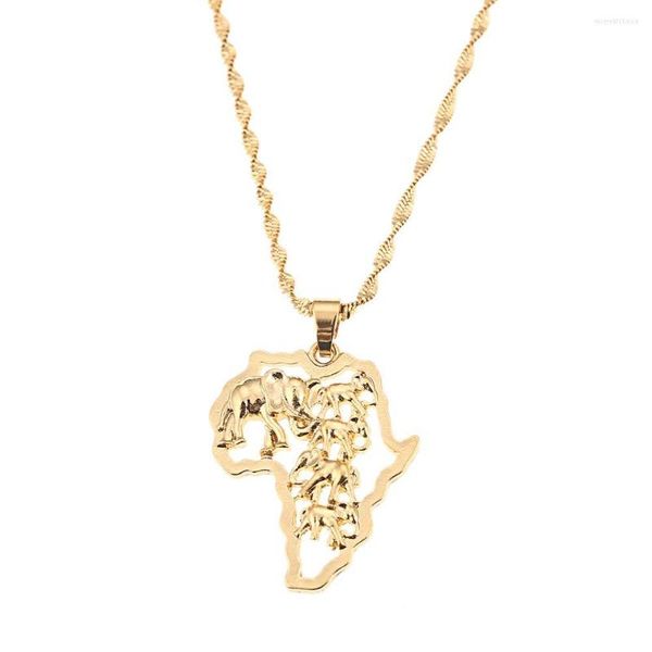 Anhänger Halsketten Goldfarbe Afrika Elefant Halskette Afrikanische Karte Hiphop Trendiger Tierschmuck
