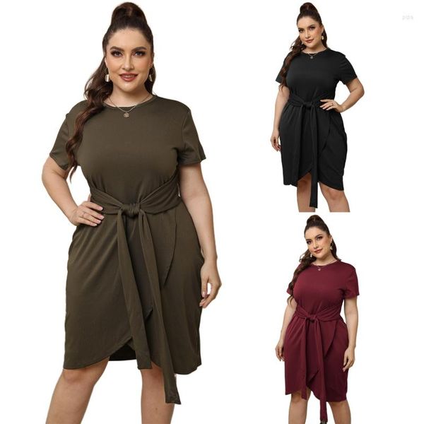 Casual Kleider Frauen Kurzarm Midi Langes T-Shirt Kleid Einfarbig Krawatte Taille Vorne Wrap Split Asymmetrischer Saum Streetwear N7YF