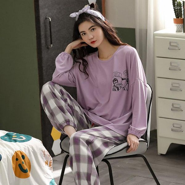 Frauen Nachtwäsche Plaid Hosen Hause Kleidung Für Frauen Plus Größe Pyjamas Lila Herbst Anzug Frauen Pyjamas Pijama Mujer