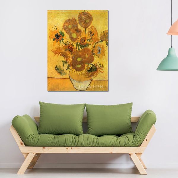 Dipinti su tela fatti a mano di Vincent Van Gogh Vaso con quindici girasoli Modern Art Kitchen Room Decor