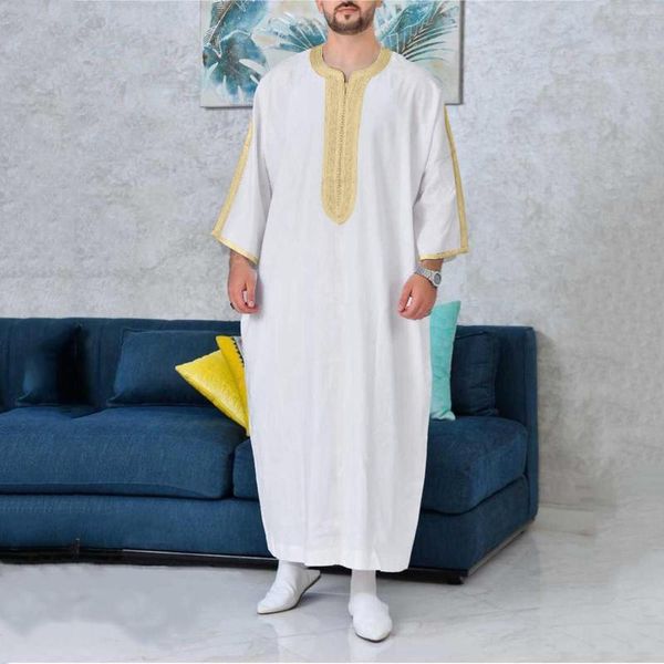 Abbigliamento etnico stile uomo lungo ricamato casual abito musulmano tinta unita semplice tendenza moda