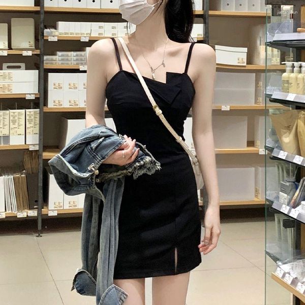 Abiti casual Black Bretella Babes Little Mini Dress 2023 Summer Sweet Youth Y2K Female Korea Fashion High-End Sexy Bag Hip