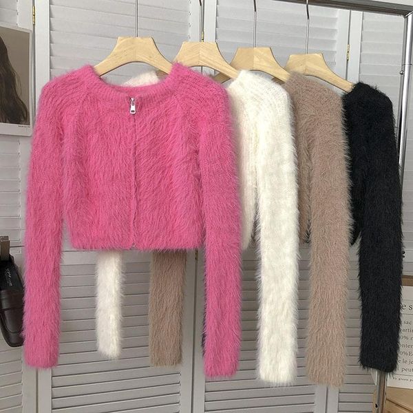 Cardigã Feminino de Malha Doce Furry Crop Primavera Outono High Street Faux Mink Hair Confortável Manga Longa Casaco De Malha Casaco Feminino Peludo