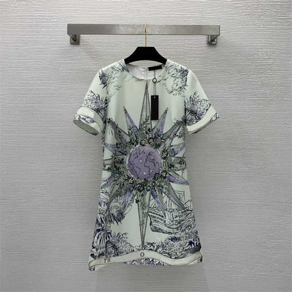 Roupas de grife femininas Vestidos da moda Velas náuticas Estampas de miçangas e diamantes Streetwear de luxo A-line Fit Vestidos de gola redonda Roupas femininas de verão