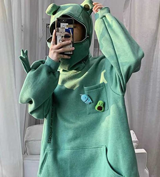 Damen Hoodies Sweatshirts Plus Size Sweatshirt Stitching Cute Frogs Pullover Pocket Zipper Hooded