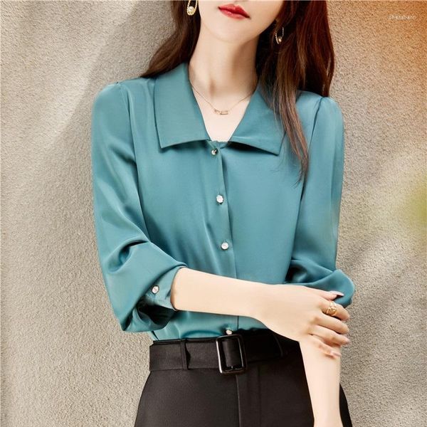 Damenblusen 2023 Frühling Herbst Bluse Shirt für Frauen Mode Langarm Umlegekragen Casual Büro Dame Blau Shirts Tops Koreanisch