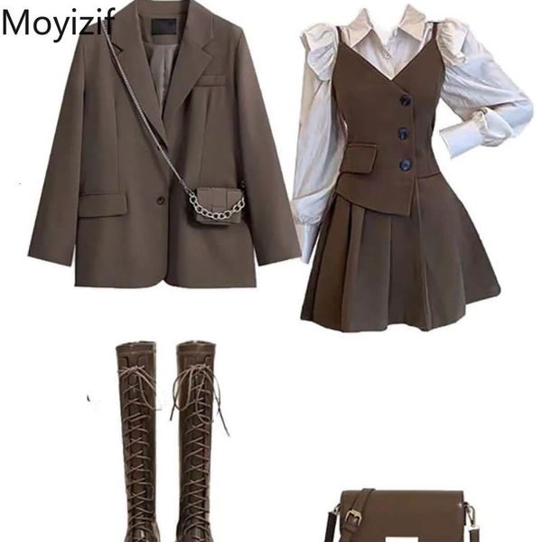 Abito a due pezzi Moyizif Inverno Donna Gonna corta Imposta camicia a maniche a sbuffo Abito solido Cappotti Vintage Tre set Moda donna Abiti 230712