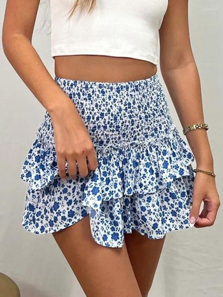 Saias Verão Praia Boho Azul Saia Plissada Babados Estampado Floral Mini Elegante Doce Cintura Alta Vestido Curto Linha A Roupas Femininas